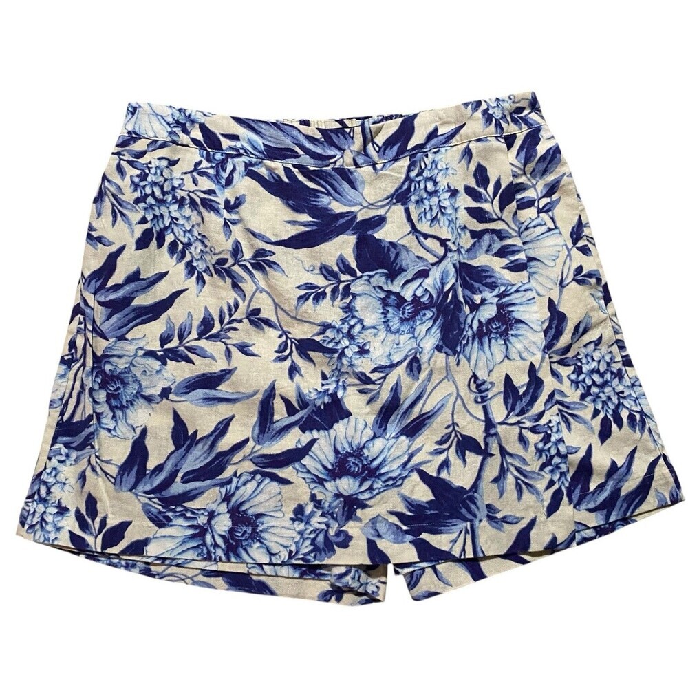 Ellen Tracy Women's L Blue Floral Linen Blend Faux Wrap Skort Shorts NWT